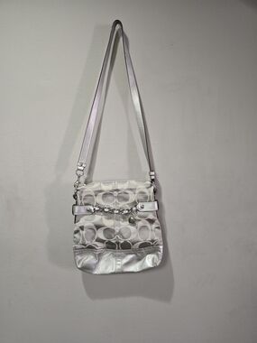 Coach Silver and Cream Signature Chain-Detail Crossbody